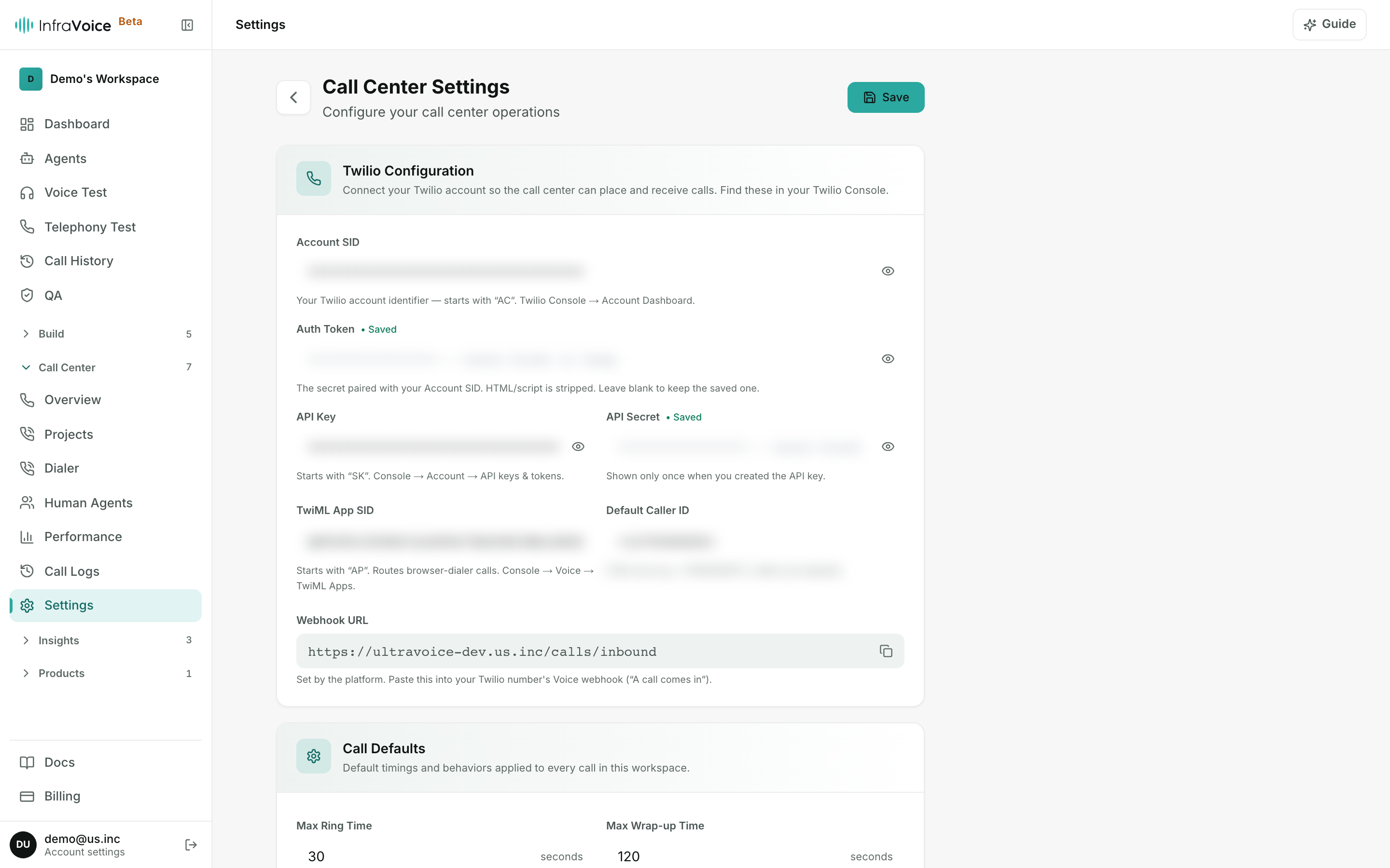 Call Center settings — Twilio