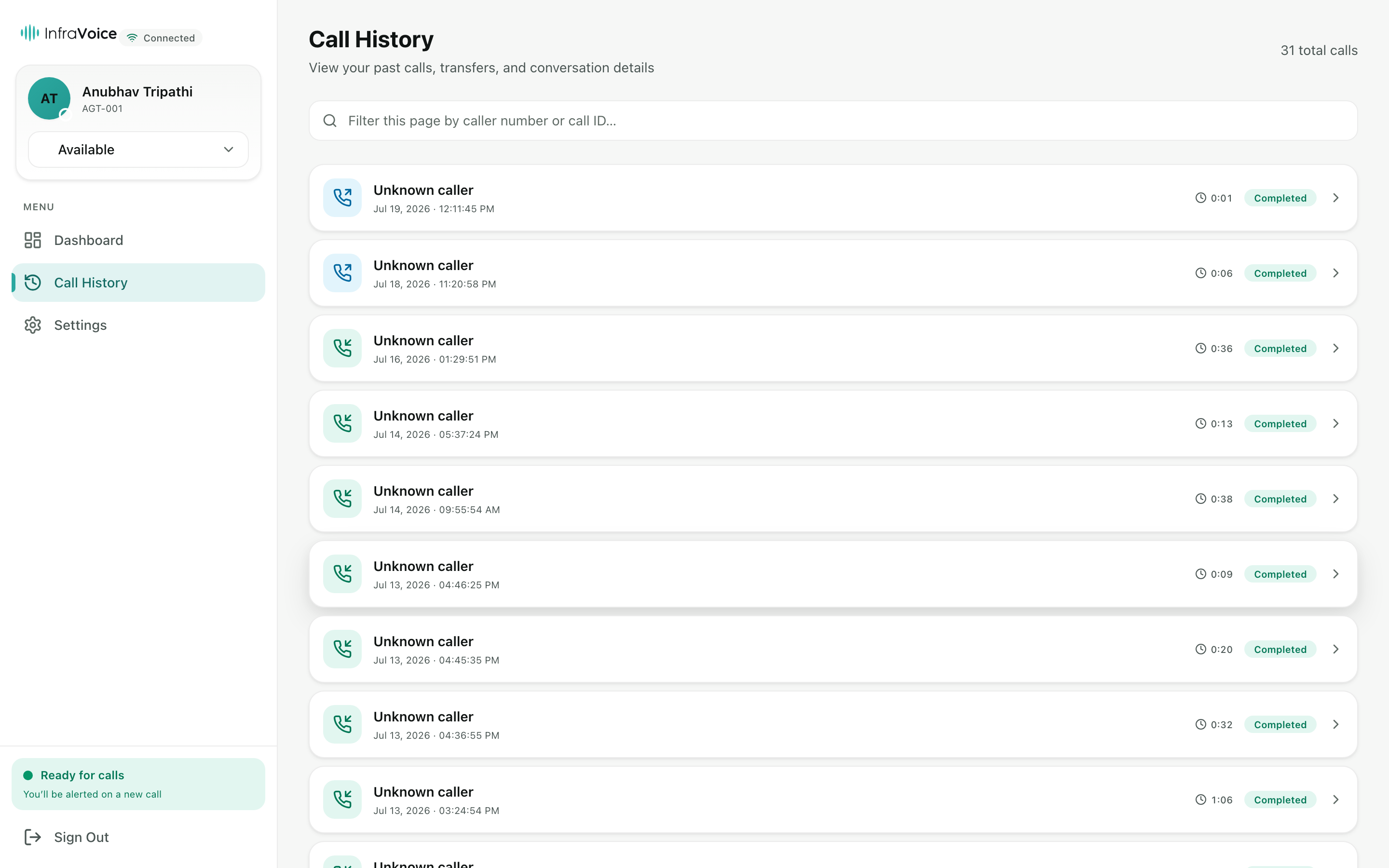 Agent portal — call history