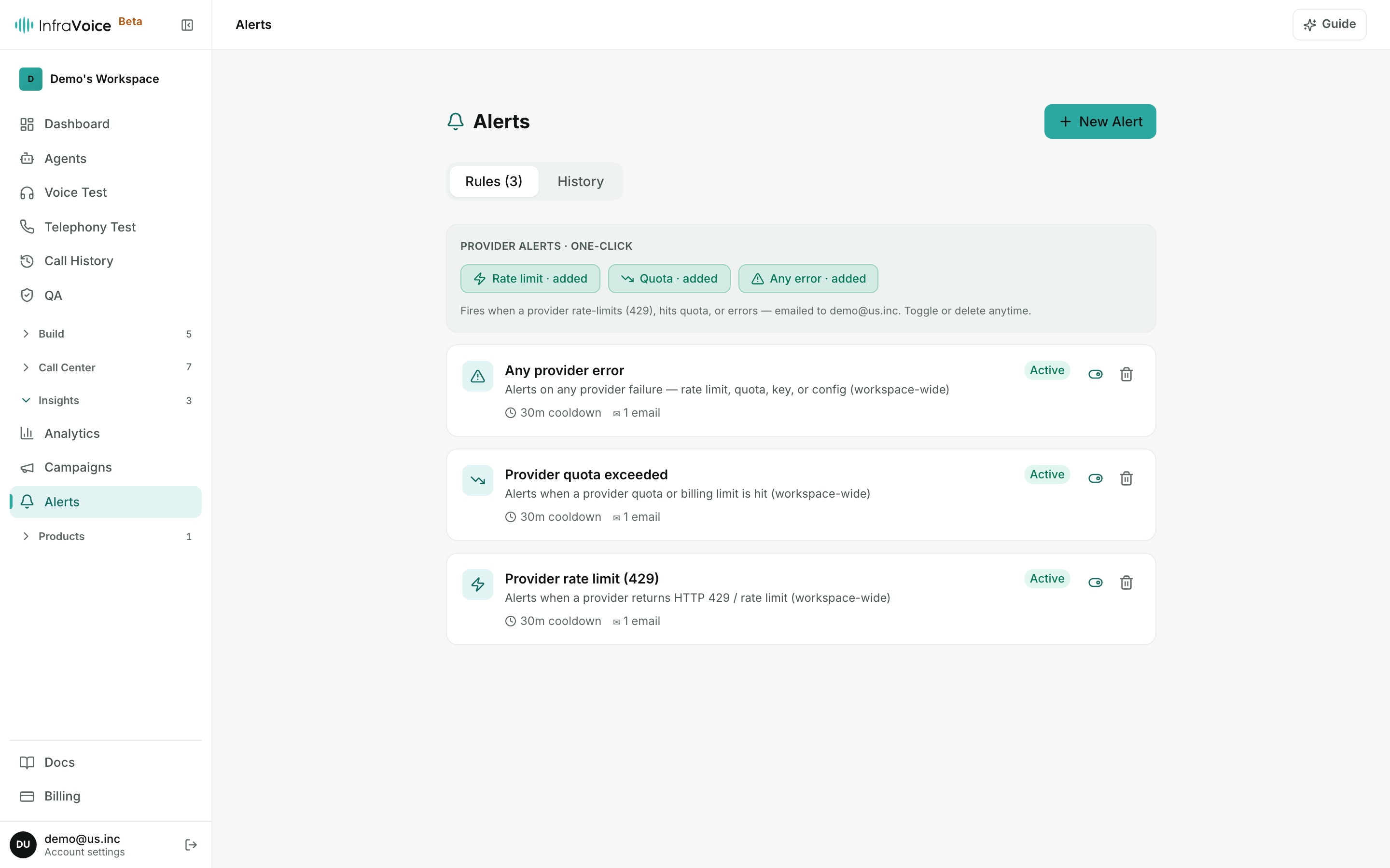 The Alerts page — Rules and History