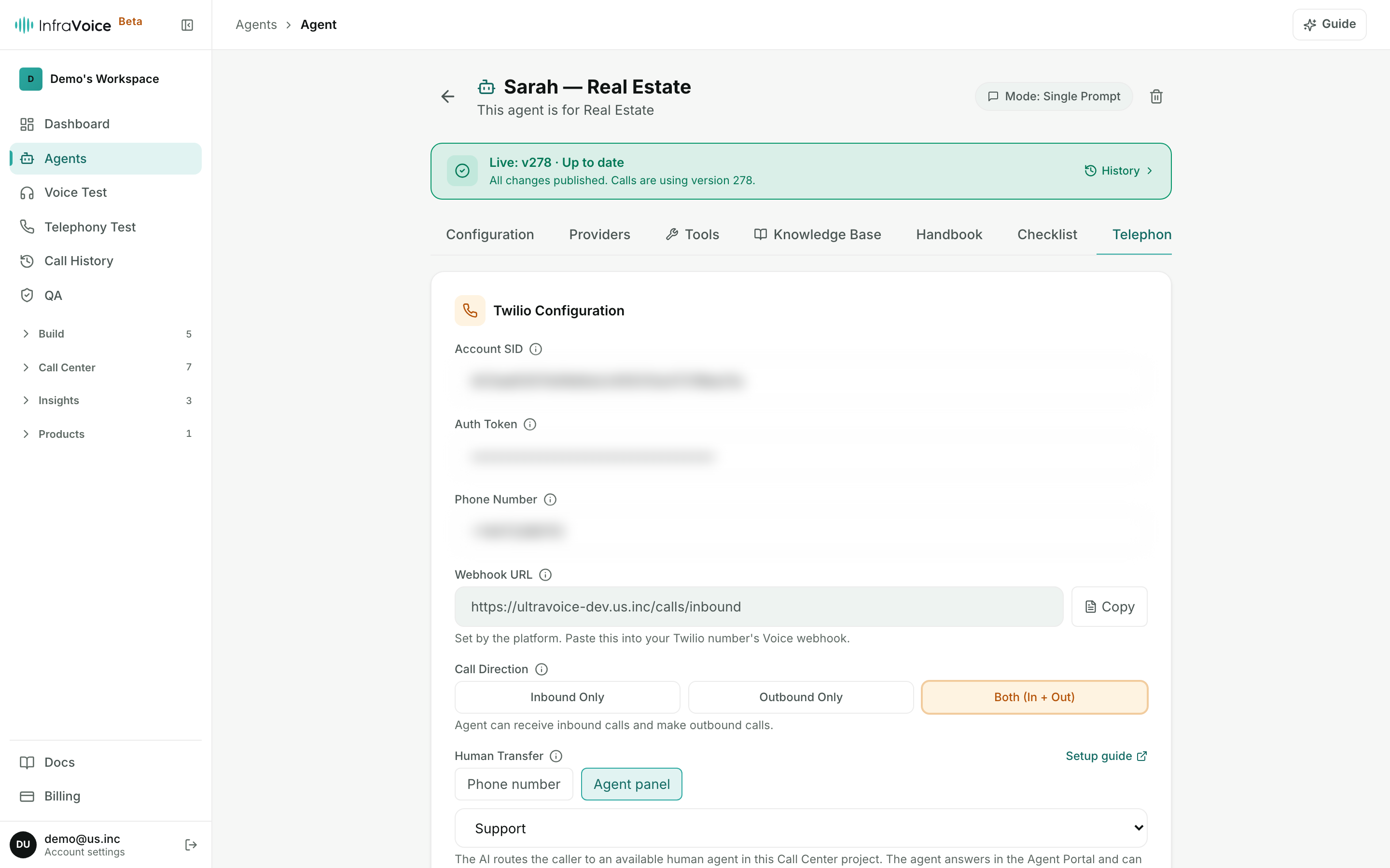 The Human Transfer mode selector on the agent Telephony tab