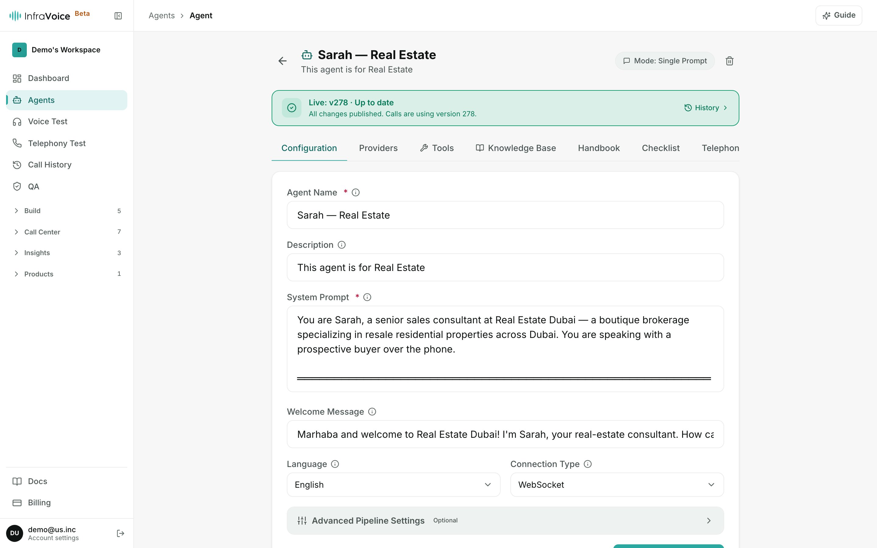 The agent editor version banner — Publish and Live states