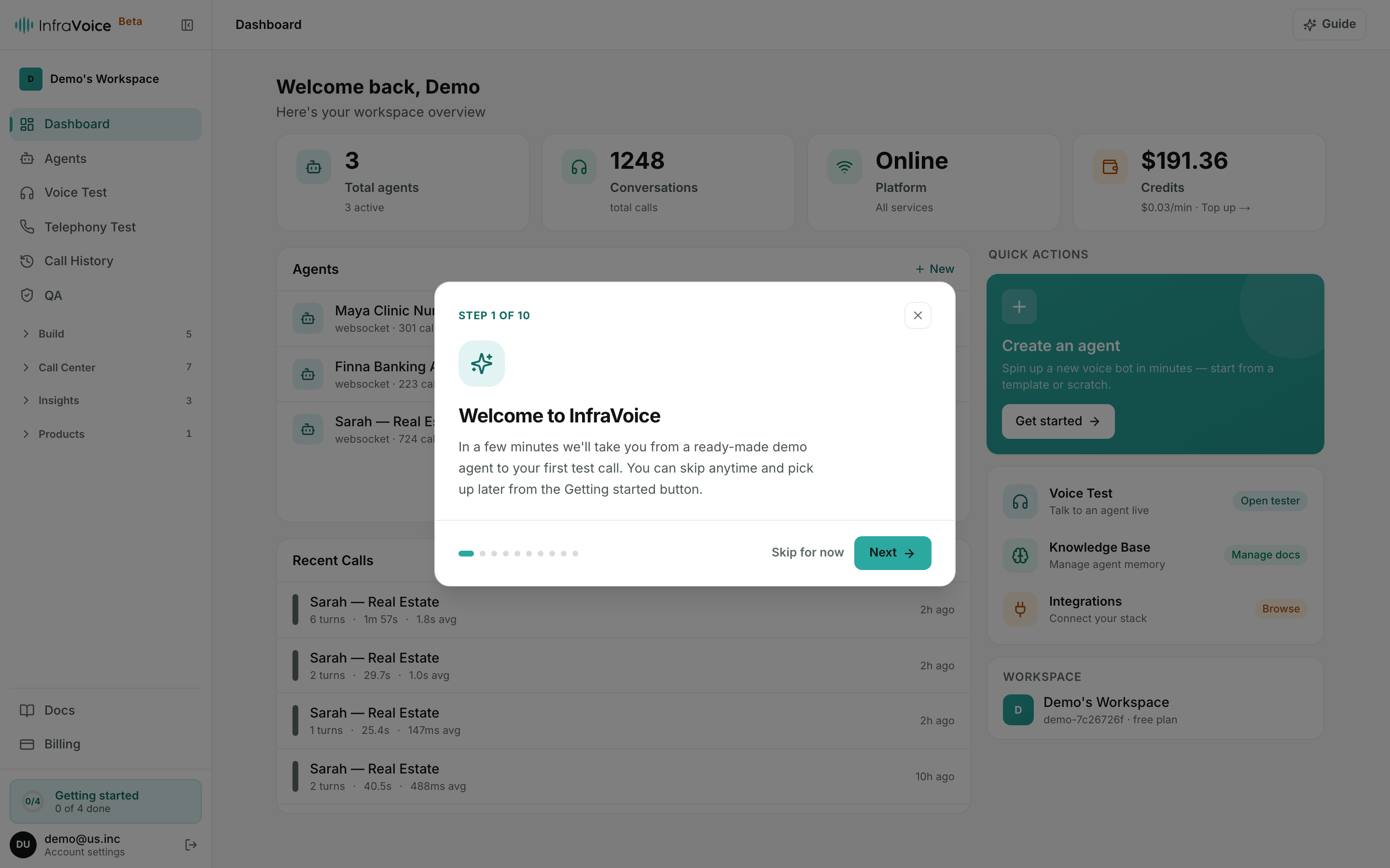 The "Welcome to InfraVoice" onboarding wizard